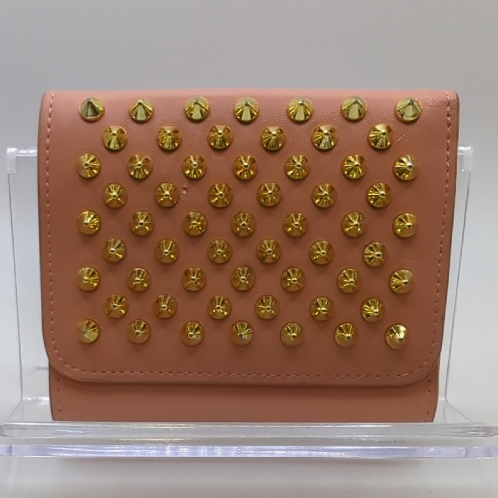 Christian Louboutin Pink Compact Wallet Calfskin Macaron Spikes Gold With COA